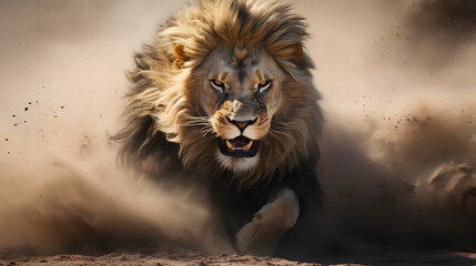  Lion runs furiously in the dust