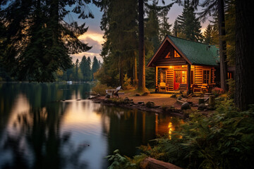 Fototapeta premium Cozy cabin in the woods at a lake on a moody autumn day