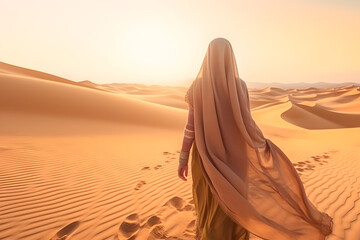 Arabian woman in the desert left side for copy space ai generated art - obrazy, fototapety, plakaty