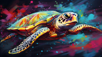 Painted turtle with paint splash painting technique on colorful background