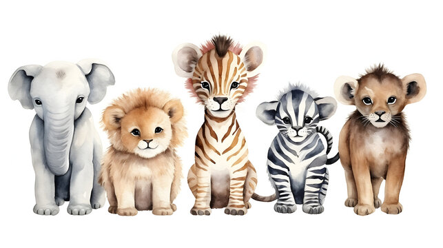 Safari Animals babies on white background, Watercolor Illustration with lion, zebra, giraffe, monkey and elephant
