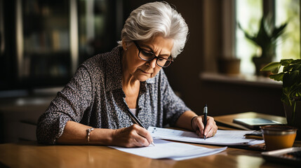 Fototapeta na wymiar Retired lady looking at correspondence sheet. considering bank notification at home.