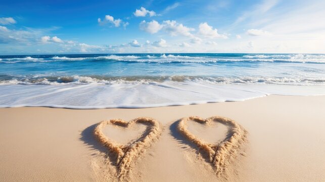 stock images of two hearts hand-painted in the sand, showcasing a romantic and affectionate coastal moment