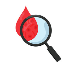 hematology illustration with red blood cells and magnifying glass, vector illustration in flat style