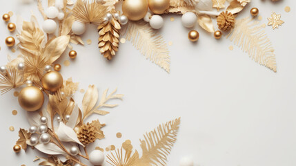 Naklejka premium Christmas background decorations composition flatlay Merry christmas card. Winter holiday theme. Happy New Year. Space for text, AI generated