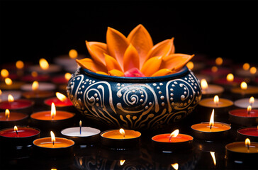 Beautiful diwali diya with burning candles on dark background