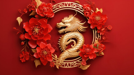 Fototapeta premium Dragon with flower, lantern, asian elements gold paper cut style on red background, AI generated