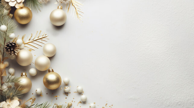 Christmas background decorations composition flatlay Merry christmas card. Winter holiday theme. Happy New Year. Space for text, AI generated