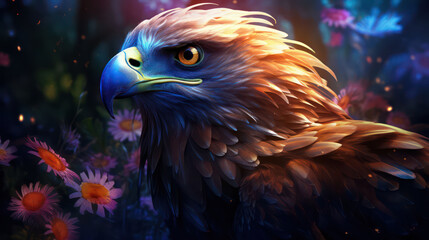 Eagle in the red flowers as wallpaper background illustration