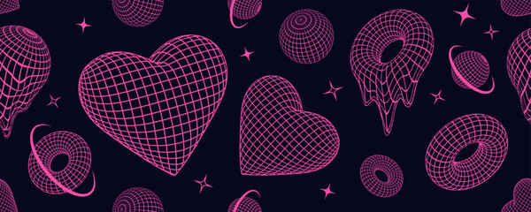 Retro Y2K seamless pattern with techno shapes and 3d wireframes, grids, geometric forms, pink neon crazy design elements in 2000s aesthetic style.