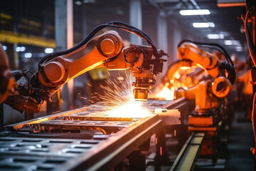Industrial robots arm are welding automotive part in car factory. AI Generative - obrazy, fototapety, plakaty