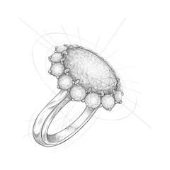 Pencil drawing of ring with precious stones on a white background. Isolated sketch. White background with hand-painted ring with diamonds. Advertising material. - 667578723