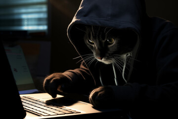 A black cat in a black hoodie sits at a laptop, looking like a hacker with code on the screen of the computer.