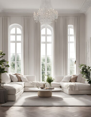 Interior of the fashionable flat is white. modern living room with white furniture and large windows.