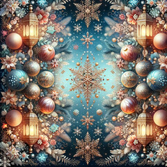 Harmoniously symmetrical yet dynamic, a wallpaper design blends radiant snowflakes, lush velvet ribbons, vintage lanterns, and glistening gem