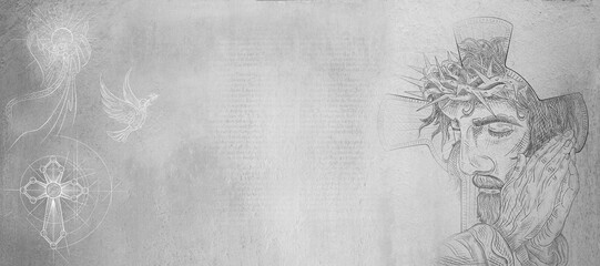  Jesus Face on the cross. Christian or Catholic jesus christ on a grey background. Hand drawing. - obrazy, fototapety, plakaty