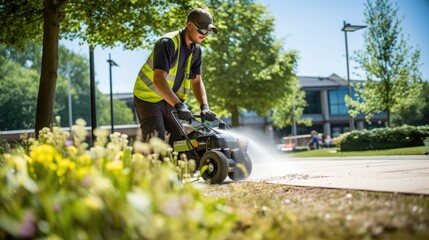 a public garden undergoing meticulous disinfection by a professional cleaning service, highlighting the importance of hygiene in outdoor spaces. Ideal for healthcare and green space concepts