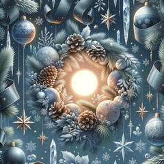Achieving a symmetrical equilibrium with a touch of spontaneity, a wallpaper pattern emphasizes snow-kissed pinecones, stars gleaming in the moon