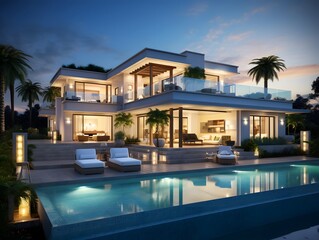Obraz na płótnie Canvas Luxury modern house with swimming pool at night. Panorama.