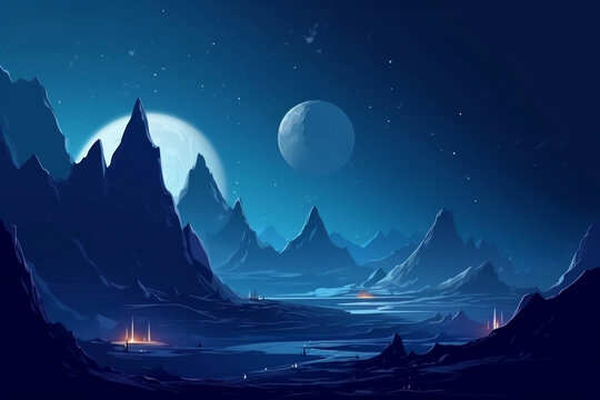 Night mountain landscape of the cold planet with space settlement generative ai