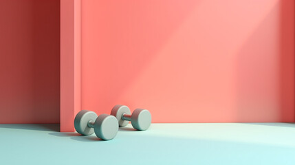 3d dumbbell in room gym background on pink green pastel wall  with copy space