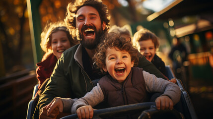 Fototapeta na wymiar Young family screaming with arms raised on roller coaster