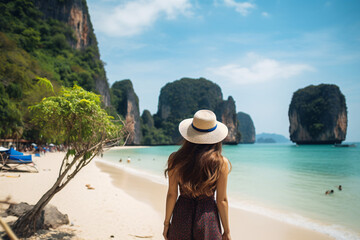 Fototapeta na wymiar Thailand’s Paradise Tech-Savvy Traveler Woman Engrossed in Work Amidst Straw Nests of Railay Beach, Krabi