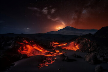 Night volcanic mountain at fiery landscape with lava stream generative ai