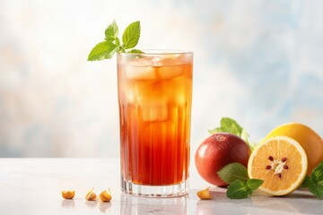 Glass of refreshing tamarind drink and fresh fruits citrus. Food water leaf fresh drink. Generate Ai