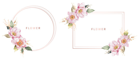 Watercolor peony flower frame. Template wedding invitation card. Rose metallic frame.