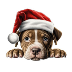American Pit Bull Terrier puppy wearing Santa Hat isolated on transparent background
