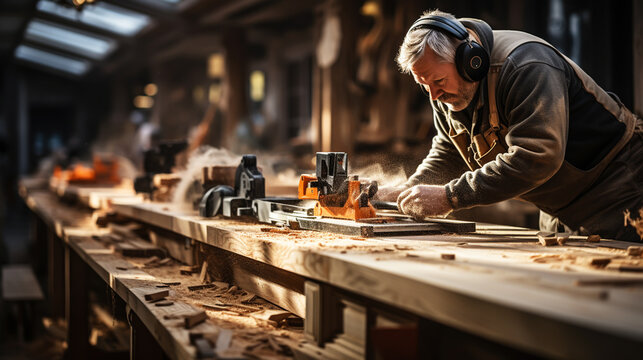 Carpenter working with equipment on wooden table in carpentry shop. woman works in a carpentry shop.
