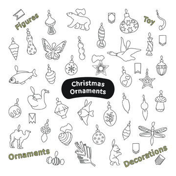Holiday clipart sketch image. Christmas tree decorations. Lettering Christmas ornaments, decorations, ornaments, toy, figures