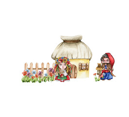 Composition of girl and boy gnome in national ukrainian costume ,country houses and flowers. Design for baby shower party, birthday,cake, holiday celebration design, greetings card, invitation.