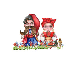 Composition of girl and boy gnome in national ukrainian costume standing in flowers. Design for baby shower party, birthday,cake, holiday celebration design, greetings card, invitation.