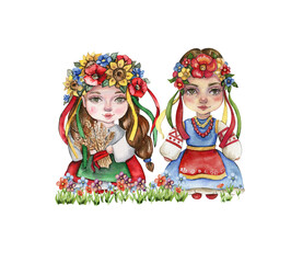 Composition of girl and boy gnome in national ukrainian costume standing in flowers. Design for baby shower party, birthday,cake, holiday celebration design, greetings card, invitation.