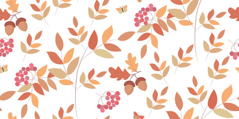 Seamless botanical background with autumn leaves and rowan branches. Great for printing on fabric and paper. A bright autumn print.