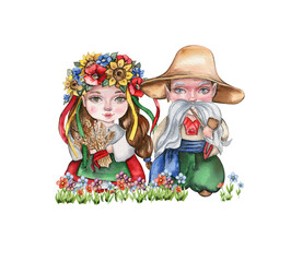 Composition of girl and boy gnome in national ukrainian costume standing in flowers. Design for baby shower party, birthday,cake, holiday celebration design, greetings card, invitation.
