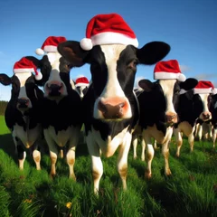 Gordijnen cows in the field wearing christmas hats generative ai © clearviewstock