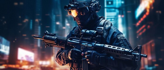 Nighttime Special Forces Operation in the City - obrazy, fototapety, plakaty