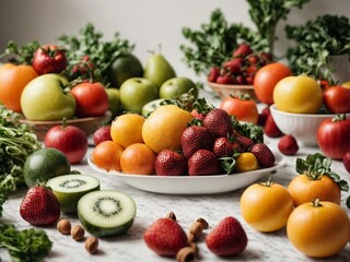 Ripe colorful fruits and vegetables lie on the table on a light background