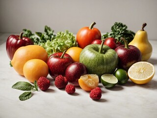 Ripe colorful fruits and vegetables lie on the table on a light background