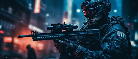 Nighttime Special Forces Operation in the City - obrazy, fototapety, plakaty