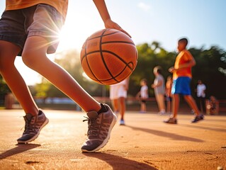 Naklejka premium Playing basketball. Close-up view of a ball in a child's hand
