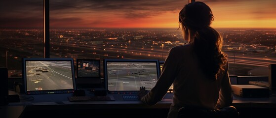 Air Traffic Controller in Airport Control Tower - obrazy, fototapety, plakaty