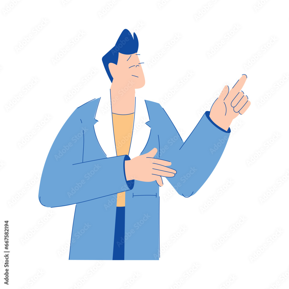 Sticker Chemistry with Man Scientist Character Point Finger and Talk Vector Illustration