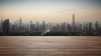 Obraz premium empty table top for product display with defocused city skyline background