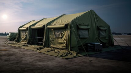 a very large military tent standing in a vast field, highlighting the strategic importance of field camps. Ideal for military and defense concepts