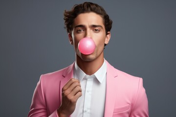 Handsome man chewing bubble gum in pink suit. Food face flavor breath funny. Generate Ai