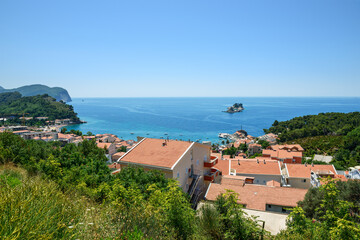 Fototapeta na wymiar Panoramic view of Petrovac location coastline, Montenegro.